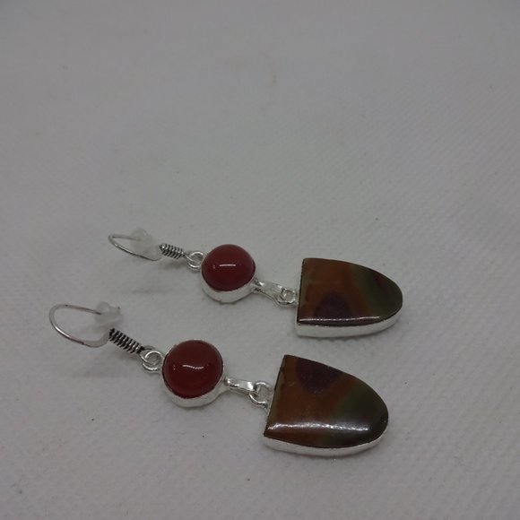 Natural "BLOODSTONE AGATE & CARNELIAN" Handmade Sterling Dangle Earrings #26A - Picture 3 of 3